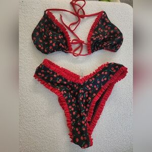 Black and red cherry ruffle  two-piece bikini set